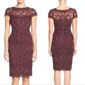 Tadashi Shoji Illusion Yoke Lace Sheath Dress burgundy red Women’s 12